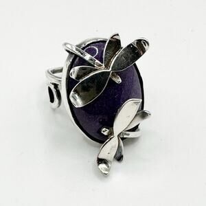Artisan Dragonfly Ring Purple Stone 925 Marked Silver Unique Bohemian Size 6 1/4